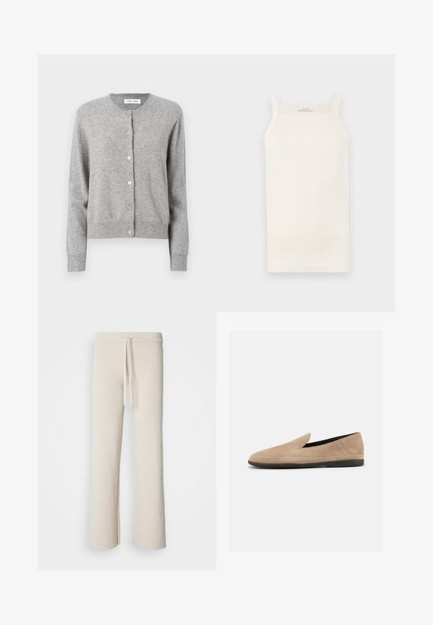 Grå cardigan lavet af blødt strikket materiale, med rund halsudskæring, lange ærmer og knaplukning hele vejen ned foran. Simpelt design.; Cremefarvet ribbet tanktop med tynde stropper, tætsiddende design og lige kant. Etiketten siger "IVY OAK." Materialet ser blødt og strækbart ud.; Beige brede bukser lavet af blødt stof, med en elastisk talje og snøre samt sideslidser i kanten.; Beige ruskind slip-on loafer med sort sål, lav hæl og rund tå, vist fra siden på hvid baggrund.