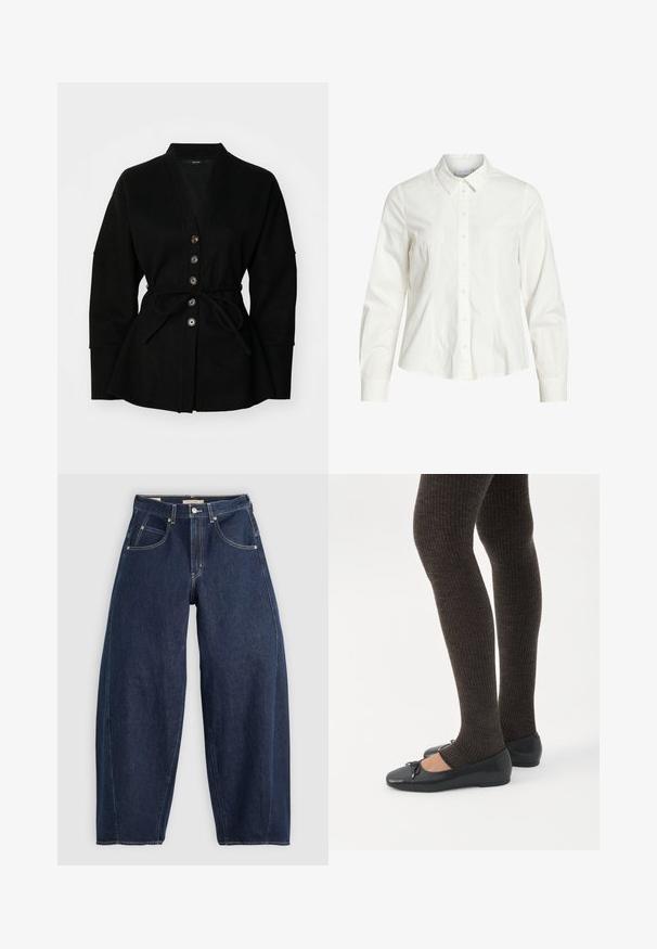 Cardigan noir avec décolleté en V, fermeture à boutons et ceinture à nouer. Il présente une texture douce et des manches larges, créant une silhouette décontractée.; Chemise blanche à boutons, en coton, avec un col classique, des manches longues et des détails en pintuck subtils à l'avant. Texture lisse.; Jean en denim bleu foncé, à coupe ample, avec des coutures claires, cinq poches et un bouton de fermeture à la taille.; Jambes portant des leggings côtelés foncés associés à des ballerines noires avec de petits détails en nœud sur fond blanc.