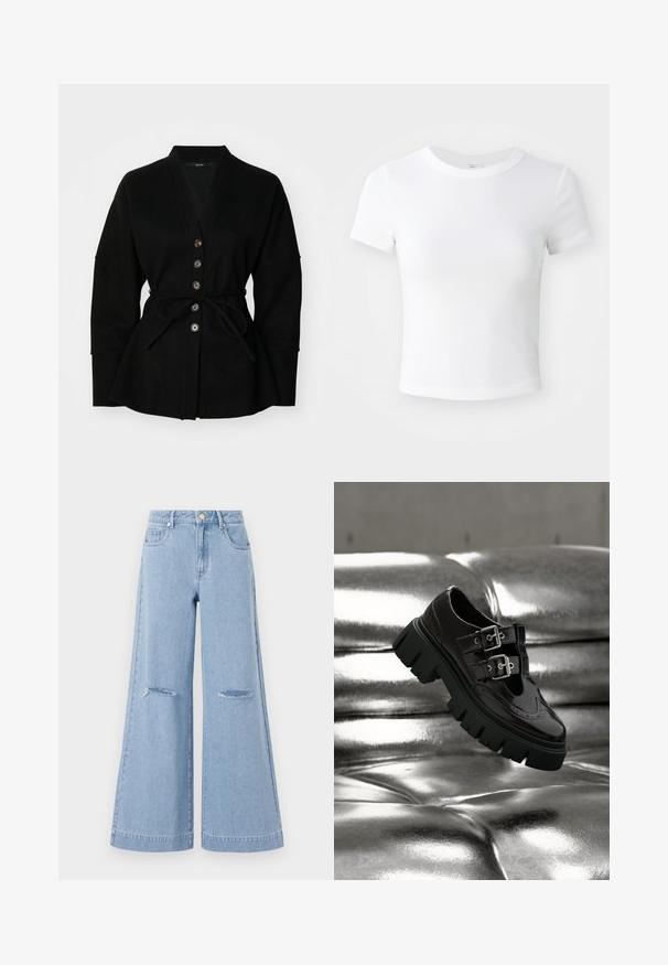 Cardigan noir avec décolleté en V, fermeture à boutons et ceinture à nouer. Il présente une texture douce et des manches larges, créant une silhouette décontractée.; T-shirt courte à manches courtes, blanche, avec un col rond, présentée sur un fond neutre et lumineux.; Jeans taille haute bleu clair à jambes larges, dotés de deux poches avant et de deux détails de genoux déchirés, fabriqués en matériau denim.; Chaussure noire à semelle épaisse avec double boucle argentée flottant au-dessus d'une surface matelassée argentée métallique brillante.