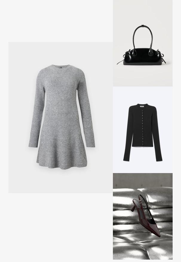 Cardigan côtelé noir à manches longues avec fines rayures horizontales et une rangée de petits boutons ronds sur le devant.; Robe tricotée grise à manches longues, col rond, coupe décontractée et texture subtilement côtelée. La jupe s'évase légèrement vers l'ourlet.; Escarpin slingback à talon haut, rouge foncé brillant avec bout pointu, présenté sur une surface en cuir argenté capitonné et brillant.; Petit sac à main noir brillant avec deux longues anses et des détails à cordon sur les côtés sur un fond clair uni.