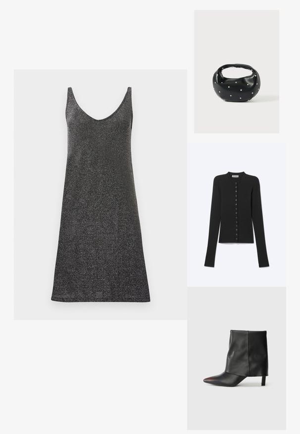 Cardigan côtelé noir à manches longues avec fines rayures horizontales et une rangée de petits boutons ronds sur le devant.; Robe noire sans manches avec un décolleté en V profond, fabriquée dans un tissu scintillant. Elle présente des fines bretelles et une silhouette droite, garantissant une texture lisse.; Bottine noire en cuir lisse avec un bout pointu et un talon effilé. La tige présente un design légèrement froncé.; Sac à main en cuir noir de forme arrondie, décoré de clous argentés et équipé d'une poignée courte. Texture lisse et fermeture éclair.