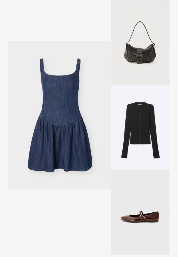 Cardigan côtelé noir à manches longues avec fines rayures horizontales et une rangée de petits boutons ronds sur le devant.; Robe sans manches en denim bleu foncé avec encolure carrée et jupe froncée, longueur genou, présentée sur fond uni.; Ballerine en cuir verni marron avec un bout carré et une lanière ornée d'une petite boucle dorée. Texture lisse, talon bas et design minimaliste.; Sac à épaule en cuir noir avec une sangle à boucle, des bords arrondis et des coutures blanches contrastées sur un fond uni.