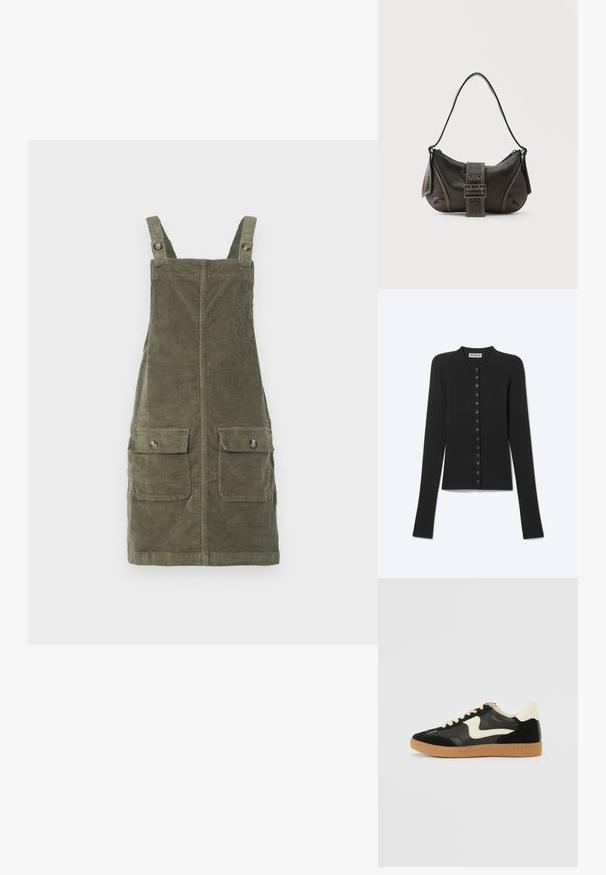 Cardigan côtelé noir à manches longues avec fines rayures horizontales et une rangée de petits boutons ronds sur le devant.; Robe salopette en velours côtelé olive avec bretelles réglables, dotée de deux poches avant et d'une coupe droite. Tissu texturé.; Baskets en daim et cuir noir avec un swoosh latéral crème et un talon crème clair. Dotées de lacets beige et d'une semelle en caoutchouc gomme.; Sac à épaule en cuir noir avec une sangle à boucle, des bords arrondis et des coutures blanches contrastées sur un fond uni.