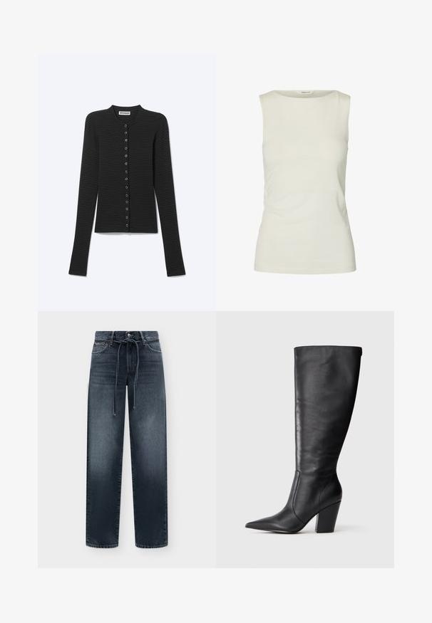 Cardigan côtelé noir à manches longues avec fines rayures horizontales et une rangée de petits boutons ronds sur le devant.; Débardeur blanc uni sans manches avec un col rond, fabriqué en tissu lisse, présenté sur fond blanc.; Jean droit teint foncé avec cordon de serrage et fermeture par bouton, avec poches avant et arrière sur un fond uni.; Botte en cuir noire à hauteur de genou avec bout pointu et talon large, présentée en profil latéral gauche sur fond blanc.