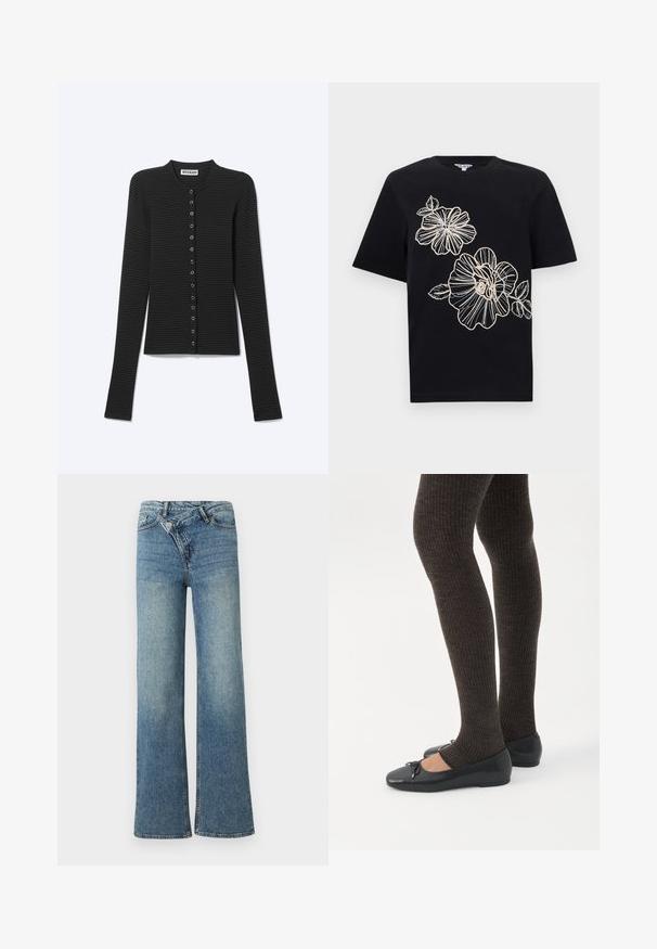 Cardigan côtelé noir à manches longues avec fines rayures horizontales et une rangée de petits boutons ronds sur le devant.; T-shirt noir à manches courtes avec contour brodé beige de deux grandes fleurs et feuilles sur le devant.; Jean en denim bleu clair à jambes larges avec une taille haute, un délavage clair et une fermeture à bouton à l'avant. Comprend cinq poches et des coutures minimales.; Jambes portant des leggings côtelés foncés associés à des ballerines noires avec de petits détails en nœud sur fond blanc.