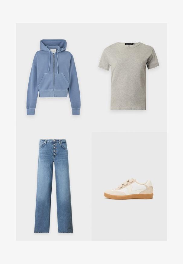 Sweat à capuche court bleu en coton doux, doté d'une fermeture éclair sur le devant, d'une capuche avec cordon de serrage et de deux poches frontales. Poignets et ourlet côtelés complètent le design.; T-shirt en coton gris clair à manches courtes et col rond avec une étiquette noire visible à l'intérieur du col indiquant "DENIM" et la taille "S."; Jean en denim bleu clair à jambes droites avec une taille haute et cinq boutons métalliques apparents sur la fermeture éclair avant.; Baskets en cuir blanc et beige avec des accents en daim, dotées d'un bout rond, de trois bandoulières Velcro et d'une semelle en caoutchouc couleur gomme.