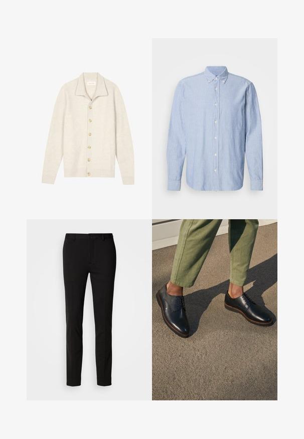 Cardigan beige côtelé avec manches longues, col plat et sept boutons ronds sur le devant. Texture douce, idéale pour superposer.; Chemise à boutons en bleu clair avec des rayures blanches, dotée d'un col classique et de manches longues. Fabriquée en tissu tissé avec une texture lisse.; Pantalon noir à coupe ajustée, avec une fermeture à bouton et des passants de ceinture. Fabriqué en tissu lisse avec un léger éclat, sans motifs visibles.; Chaussures à lacets en cuir noir à bouts pointus avec surpiqûres marron, portées avec un pantalon vert sur une surface grise.
