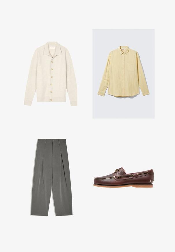 Cardigan beige côtelé avec manches longues, col plat et sept boutons ronds sur le devant. Texture douce, idéale pour superposer.; Chemise jaune à manches longues boutonnée en tissu texturé, avec une poche poitrine, un col pointu et un ourlet arrondi. Étiquette de la marque visible.; Pantalon gris à jambes larges, ajusté, avec plis à l'avant, fermeture par boutons et passants de ceinture, posé à plat sur un fond blanc.; Chaussure bateau en cuir marron avec coutures blanches, détails de lacets et semelle en caoutchouc beige, vue de côté sur fond blanc.