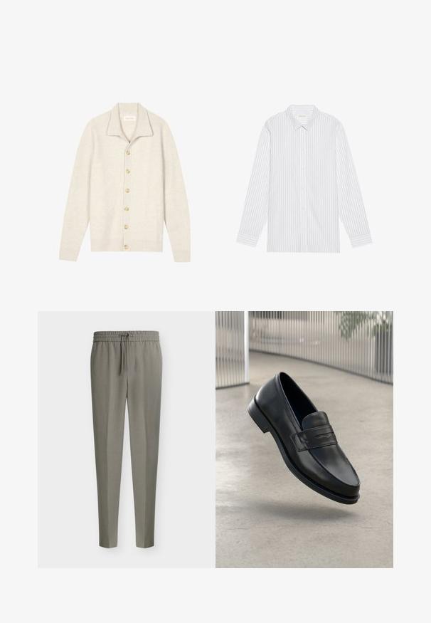 Cardigan beige côtelé avec manches longues, col plat et sept boutons ronds sur le devant. Texture douce, idéale pour superposer.; Chemise blanche à boutons avec de fines rayures verticales noires, dotée d'un col classique et de manches longues avec des poignets à boutons.; Pantalon pour homme gris clair ajusté avec jambes fuselées et taille élastique dotée d'un cordon de serrage à l'avant.; Mocassin en cuir noir à texture lisse, bout pointu et bande décorative sur le cou-de-pied. Semelle légère, design minimaliste.