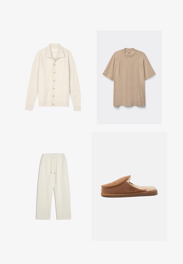 Cardigan beige côtelé avec manches longues, col plat et sept boutons ronds sur le devant. Texture douce, idéale pour superposer.; T-shirt beige en coton à manches courtes avec col rond, présenté à plat sur un fond clair.; Pantalons de survêtement larges couleur beige clair en tissu doux. Dotés d'une taille élastique avec cordon de serrage et de poches latérales pour plus de praticité.; Chausson marron à enfiler avec une doublure intérieure crème douce et duveteuse et une petite étiquette en tissu sur le côté portant l'inscription « Sherpherd ».