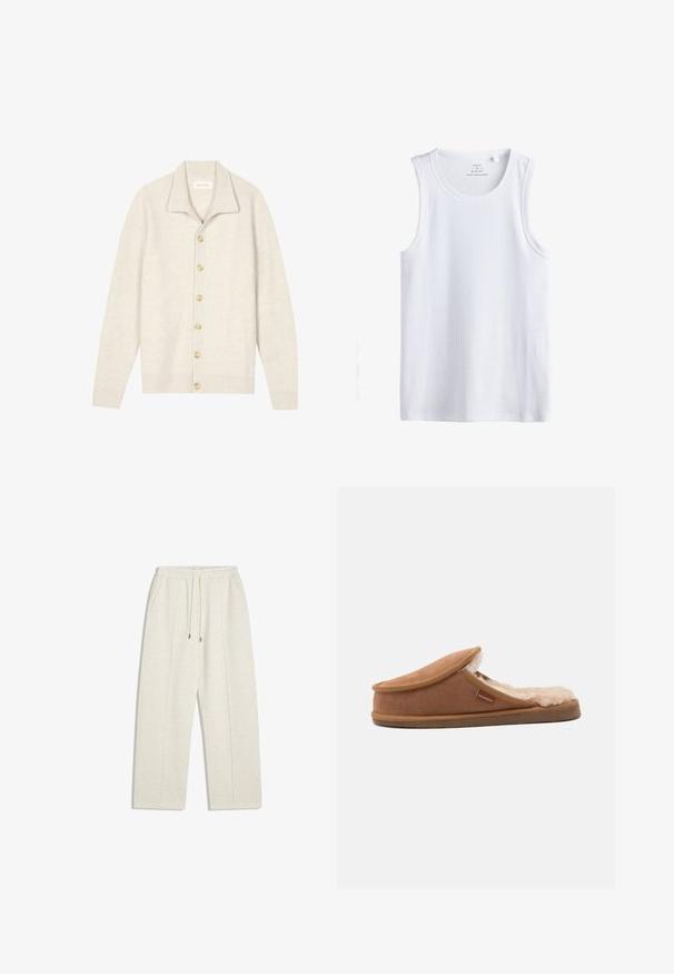 Cardigan beige côtelé avec manches longues, col plat et sept boutons ronds sur le devant. Texture douce, idéale pour superposer.; Débardeur blanc slim fit côtelé sans manches avec encolure ronde, taille médium, fabriqué au Bangladesh.; Pantalons de survêtement larges couleur beige clair en tissu doux. Dotés d'une taille élastique avec cordon de serrage et de poches latérales pour plus de praticité.; Chausson marron à enfiler avec une doublure intérieure crème douce et duveteuse et une petite étiquette en tissu sur le côté portant l'inscription « Sherpherd ».