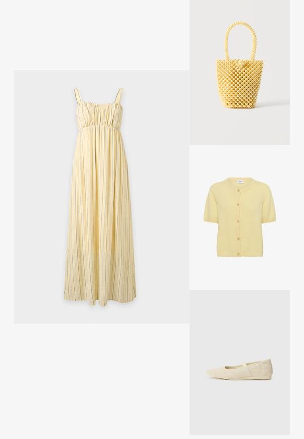 Cardigan jaune à manches courtes en matière tricotée douce, avec un col rond, des boutons à l'avant et des accents côtelés sur le col et l'ourlet.; Robe maxi jaune sans manches avec de fines rayures verticales bleues et blanches, buste froncé et coupe décontractée, présentée sur un fond clair uni.; Ballerines beiges avec une exterior en cuir lisse, un bout en forme d'amande et une sangle élastique sur le coup de pied, avec des détails de couture subtils.; Petit sac à main style bocal fait de perles crème brillantes avec une anse en perles bouclée et une fermeture décorative avec un nœud de perles.
