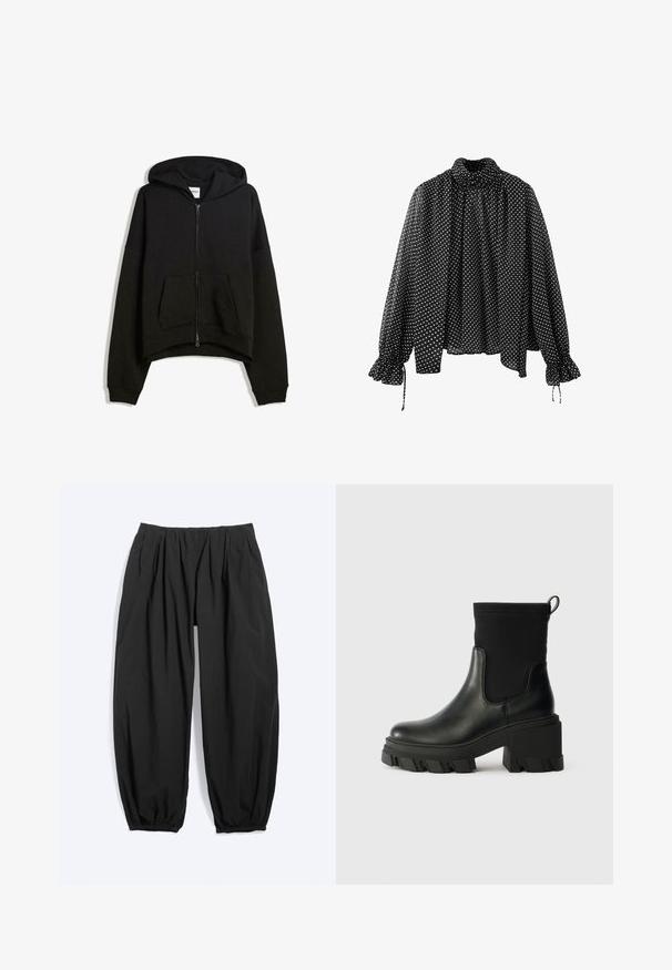 Hoodie zippé noir en mélange de coton, avec une grande capuche, une poche avant et des poignets côtelés, au design cropped.; Blouse noire à manches longues avec pois blancs, col montant, coupe ample et poignets volantés avec liens sur les manches.; Pantalon noir ample et fuselé avec taille élastique et poignets aux chevilles, fabriqué en tissu léger.; Bottes noires à la cheville en cuir et tissu élastique, avec un talon épais, une semelle en caoutchouc épaisse et une languette à l'arrière.