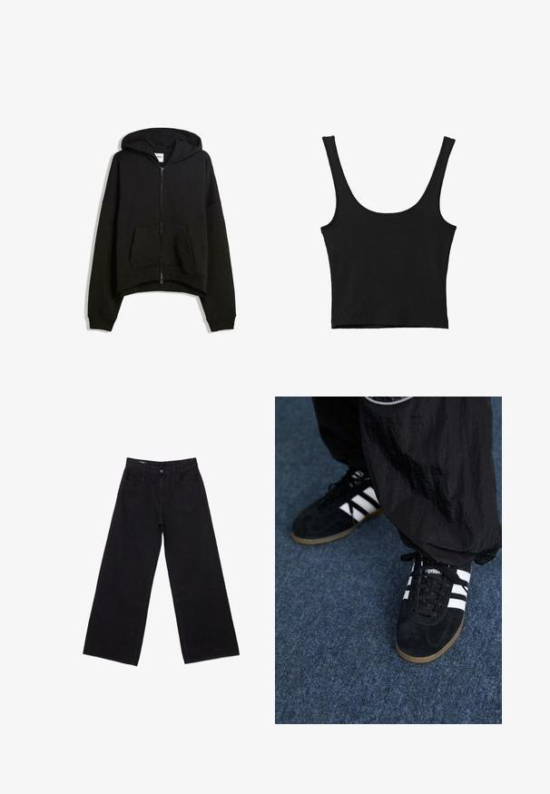 Sort zippered hoodie lavet af bomuldsblanding, med en stor hætte, frontlomme og ribbede manchetter samt en cropped design.; Sort cropped tank top med brede skulderstropper, lavet i blødt materiale, med en glat tekstur og et minimalistisk design.; Sorte, viddebenede jeans lavet af denim, med høj talje, fem-lomme-design og diskrete syningsdetaljer over det hele.; Sorte suedetrainingssko med tre hvide striber og sorte snørebånd. Et tekstureret sort bukser er delvist synligt ved siden af skoene.
