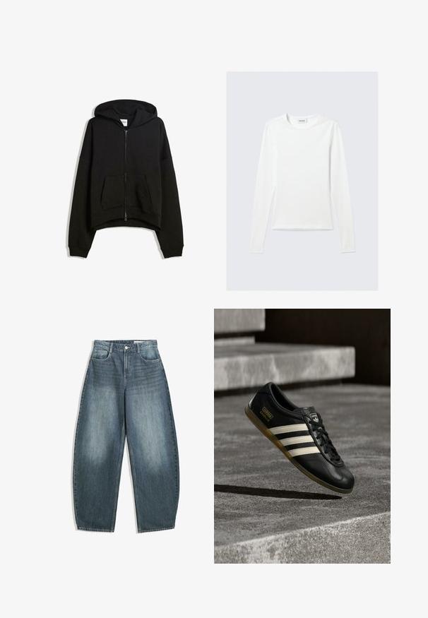 Sort zippered hoodie lavet af bomuldsblanding, med en stor hætte, frontlomme og ribbede manchetter samt en cropped design.; Langærmet, enkel hvid T-shirt med rund halsudskæring og tætsiddende pasform, vist mod en lysegrå baggrund.; Lys blå denim bredbenede jeans har høj talje, fem lommer, diskret fald og syninger langs sømmene.; Sort lædersneaker med hvidt trestribet design, teksturerede detaljer, sorte snørebånd og en gum-sål. Brandlogo synligt på tungen.