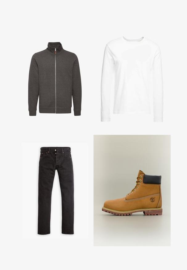 Veste zippée grise avec col montant, fabriquée en tissu doux, dotée de deux poches latérales et de poignets et d'un ourlet côtelés.; T-shirt blanc à manches longues en coton doux. Encolure ronde avec des ourlets droits et sans motifs ni graphiques visibles.; Jean slim noir avec patte de boutonnage, cinq poches et rivets en cuivre, à plat sur fond blanc.; Bottine en cuir marron avec col noir, lacets jaunes et semelle beige. Présente un logo et des détails de couture blanche. Semelle extérieure à traction robuste.