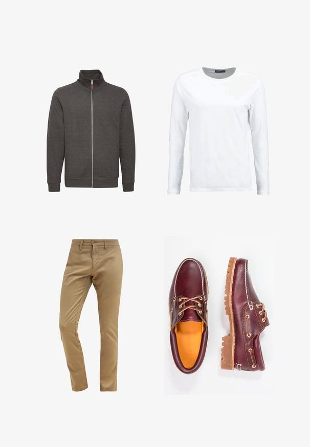 Veste zippée grise avec col montant, fabriquée en tissu doux, dotée de deux poches latérales et de poignets et d'un ourlet côtelés.; T-shirt blanc à manches longues en coton, avec un col rond et une texture lisse. Sans motifs ni accents. Design simple.; Chinos beiges avec une texture lisse, coupe slim, fermeture à bouton et passants de ceinture, présentant un design de poche avant standard.; Chaussures en cuir bourgogne avec semelles en caoutchouc marron, bout rond, couture blanche et œillets dorés. L'intérieur présente une doublure jaune.