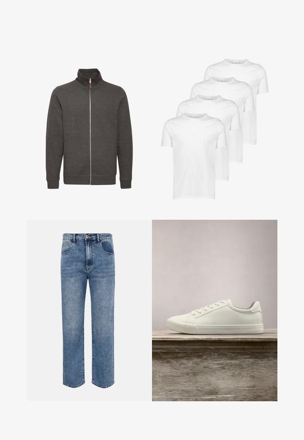 Grijze ritsjack met hoge kraag, gemaakt van zachte stof, met twee zijzakken en ribgebreide manchetten en onderkant.; Witte katoenen T-shirts, korte mouwen, ronde halslijn, gladde textuur, vier stuks gestapeld met een consistent ontwerp en zonder patronen of accenten.; Blauwe denim jeans met rechte pijpen, voorzakken, lussen voor een riem, knoopsluiting en een vervaagde wassing.; Witte vetersneaker die boven een houten bank zweeft met groene bladeren op de achtergrond, waarbij het ontwerp en de textuur van de schoen worden getoond.