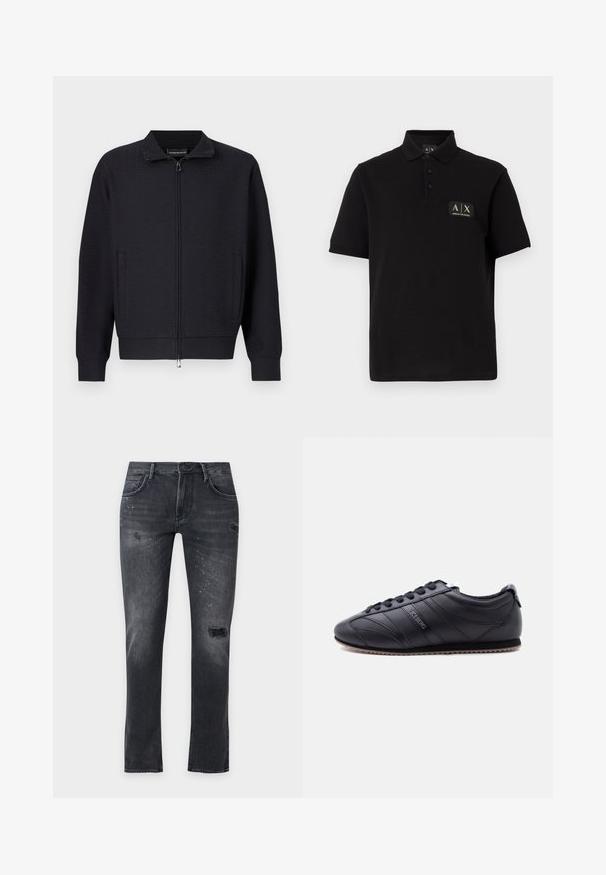 Veste noire zippée avec un motif texturé, col montant, poches latérales et poignets côtelés. Confectionnée dans un tissu doux et tissé.; Polo noir en coton, avec un col classique, trois boutons et un patch logo rectangulaire en or et noir.; Jean noir slim avec des trous usés et des éclaboussures de peinture blanche, avec poches avant et arrière et passants de ceinture.; Baskets basses noires avec fermeture à lacets, design à panneaux surpiqués, semelle texturée, et logo "ICEBERG" sur le côté, présentées sur un fond clair.