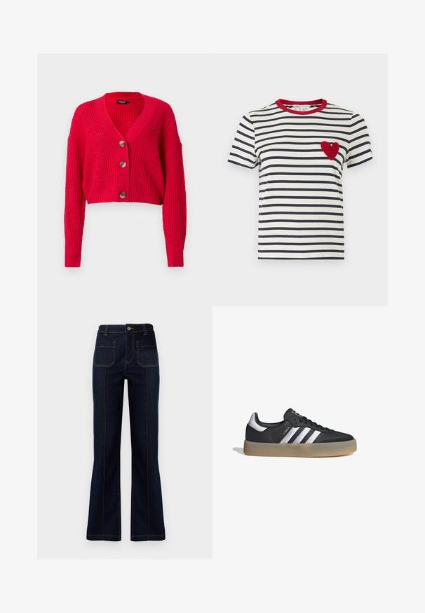Cárdigan rojo recortado hecho de material de punto acanalado, con un profundo escote en V, mangas largas y tres grandes botones marrones en el frente.; Camiseta de rayas con rayas horizontales en azul marino y blanco, un cuello rojo y un aplique texturizado en forma de corazón rojo en el lado izquierdo del pecho.; Jeans acampanados de color azul oscuro hechos de denim, con una cintura alta, dos bolsillos traseros y costuras visibles a lo largo de las costuras.; Zapatilla deportiva de cuero negro con tres rayas plateadas, punta texturizada y suela de goma. Cuenta con un collar acolchado y un diseño con cordones.
