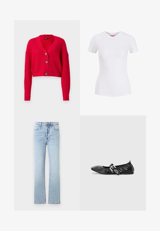 Cárdigan rojo recortado hecho de material de punto acanalado, con un profundo escote en V, mangas largas y tres grandes botones marrones en el frente.; Camiseta blanca ajustada de manga corta con cuello en V, mostrada sobre un fondo liso, vista frontal.; Vaqueros de mezclilla de color azul claro con un diseño de pierna recta, que presentan una cintura alta, un estilo clásico de cinco bolsillos y un sutil desvanecimiento.; Zapato plano de piel negra con puntera afilada, detalle fruncido alrededor de la abertura y un acento de hebilla plateada en la correa ajustable.
