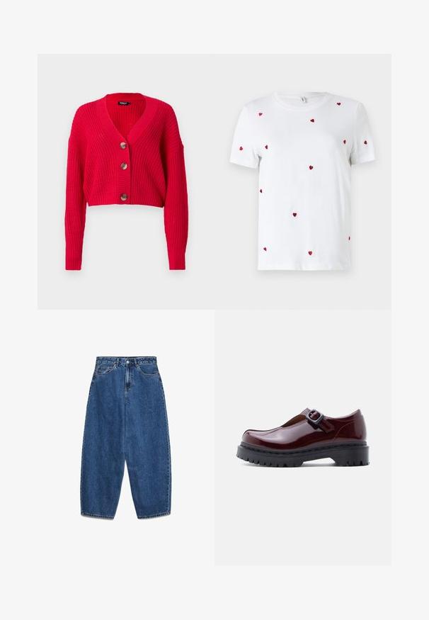 Cardigan rouge raccourci en maille côtelée, avec un col en V profond, des manches longues, et trois gros boutons marron sur le devant.; T-shirt en coton blanc avec des cœurs rouges brodés éparpillés. Encolure classique ronde et manches courtes. Design simple et moderne.; Jean en denim bleu avec taille haute, coupe décontractée et jambes droites. Design classique à cinq poches avec fermeture éclair et bouton.; Chaussure en cuir verni bordeaux avec un bout rond, une boucle ajustable et une semelle plateforme noire épaisse à texture rainurée.