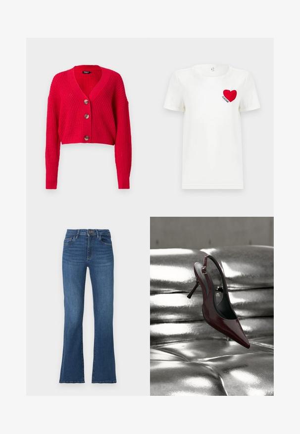 Cardigan rouge raccourci en maille côtelée, avec un col en V profond, des manches longues, et trois gros boutons marron sur le devant.; T-shirt blanc à manches courtes avec un cœur rouge et le mot "AMOUR" imprimé sur la zone gauche de la poitrine.; Jeans en denim bleu évasés avec une taille haute, cinq poches et des coutures contrastées. Comprend une fermeture à bouton et à glissière, texture légèrement déchirée.; Chaussure slingback à talon haut rouge foncé avec bout pointu reposant sur une surface matelassée argentée métallique brillante.