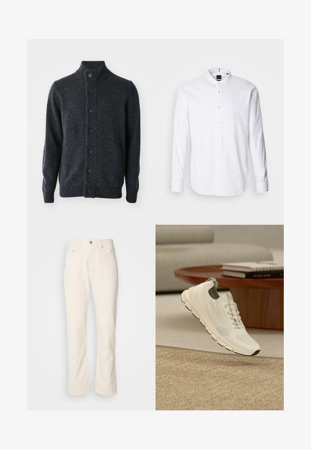 Cardigan gris foncé en tissu tricoté, présentant un col côtelé, une fermeture à boutons sur le devant et des manches longues avec des bords côtelés.; Chemise blanche à manches longues avec col bande, boutonnière à l'avant et ourlet arrondi. Fabriquée en coton, elle présente une texture lisse et un léger éclat.; Jeans en coton beige avec un design classique à jambe droite, comportant une fermeture à bouton à l'avant, cinq poches et des détails de couture subtils.; Baskets blanches légères avec tige en maille et semelle épaisse, flottant au-dessus d'un tapis beige près d'une table basse ronde en bois avec des livres.