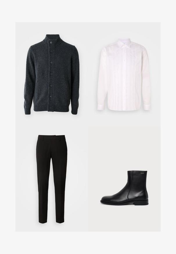 Donkergrijze cardigan van gebreide stof, met een geribbelde hals, een knoopsluiting aan de voorkant en lange mouwen met geribbelde manchetten en zoom.; Witte langemouwhemd met een klassieke kraag, voorzien van verticale pintuck-details en knoopsluiting aan de voorkant.; Zwarte broek met een rechte pijpontwerp, voorzien van een knoopsluiting, riemlussen en een gladde stoftextuur. Geen zichtbare patronen of accenten.; Zwarte leren enkellaars met lage hak, zijstiksels en klein "HUGO" logo op de bovenste boord tegen een effen achtergrond.