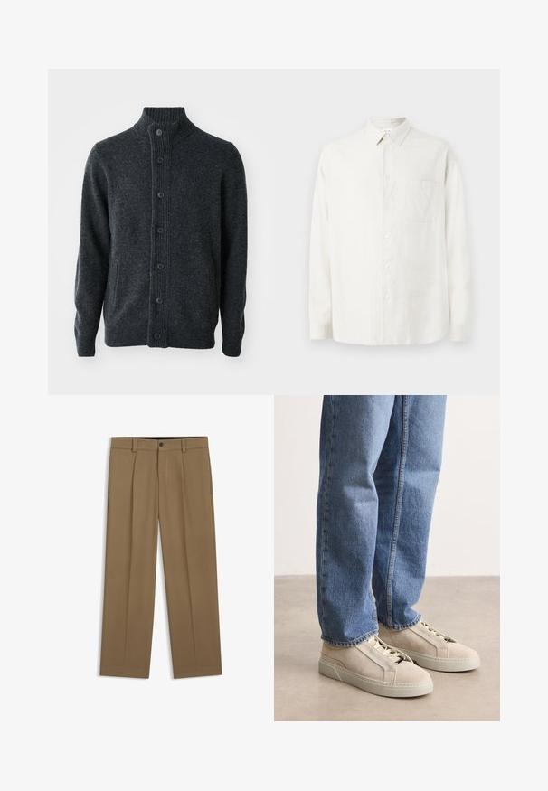 Donkergrijze cardigan van gebreide stof, met een geribbelde hals, een knoopsluiting aan de voorkant en lange mouwen met geribbelde manchetten en zoom.; Witte, lange mouwen, knoopsluiting overhemd met een kraag, een enkele borstzak en een subtiel textuurpatroon op de stof.; Bruine rechte broek met riemlussen, knoop aan de voorkant en ritssluiting, plat liggend op een witte achtergrond.; BOSS GARYTENN_SDHDEL - Sneakers laag - natural ten