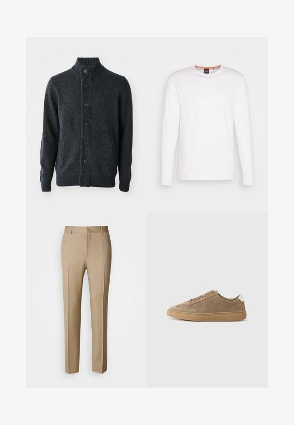 Donkergrijze cardigan van gebreide stof, met een geribbelde hals, een knoopsluiting aan de voorkant en lange mouwen met geribbelde manchetten en zoom.; Witte lange mouwen t-shirt gemaakt van katoen. Heeft een ronde halslijn en een klein reliëflogo op de linkerborst. Glad textuur.; Beige op maat gemaakte broek met een gestructureerde stof, een vlak voorkant en rechte pijpen. Voorzien van zijzakken en riemlussen, voor een verzorgde uitstraling.; Suède sneakers in lichtbruin met een rubberen zool. Voorzien van een vetersluiting en een minimalistische stijl, geaccentueerd door een witte hieltab.
