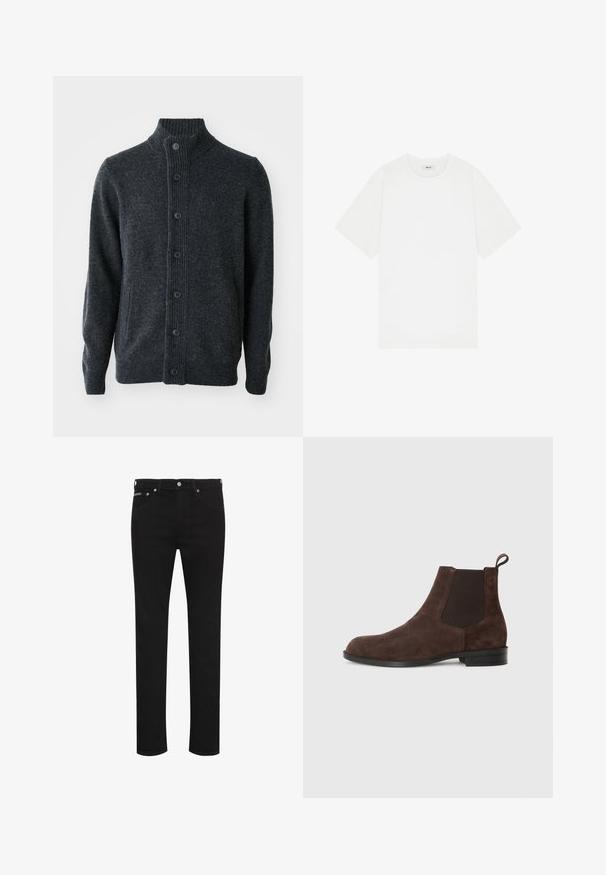 Cardigan gris foncé en tissu tricoté, présentant un col côtelé, une fermeture à boutons sur le devant et des manches longues avec des bords côtelés.; T-shirt blanc à manches courtes en coton, avec un col rond et un logo subtil sur la poitrine, doté d'une texture lisse.; Jean noir slim-fit avec bouton à l'avant, passants de ceinture et poches avant visibles, présenté sur fond blanc.; Bottines en daim marron avec panneaux élastiques sur les côtés, bout arrondi et languette en boucle au talon. Semelle plate en caoutchouc noir.