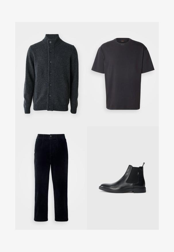 Donkergrijze cardigan van gebreide stof, met een geribbelde hals, een knoopsluiting aan de voorkant en lange mouwen met geribbelde manchetten en zoom.; Zwarte T-shirt met korte mouwen van katoen, met een ronde halslijn en subtiele branding bij de kraag. Gladde textuur met een relaxte pasvorm.; Donkerblauwe corduroy broek met een rechte pijpdesign, voorzien van een knoopsluiting en subtiele verticale ribbelstructuur.; Zwarte leren Chelsea-boots met elastische zijpanelen, een treklipje en een vlakke rubberen zool. Gladde textuur met minimale details.