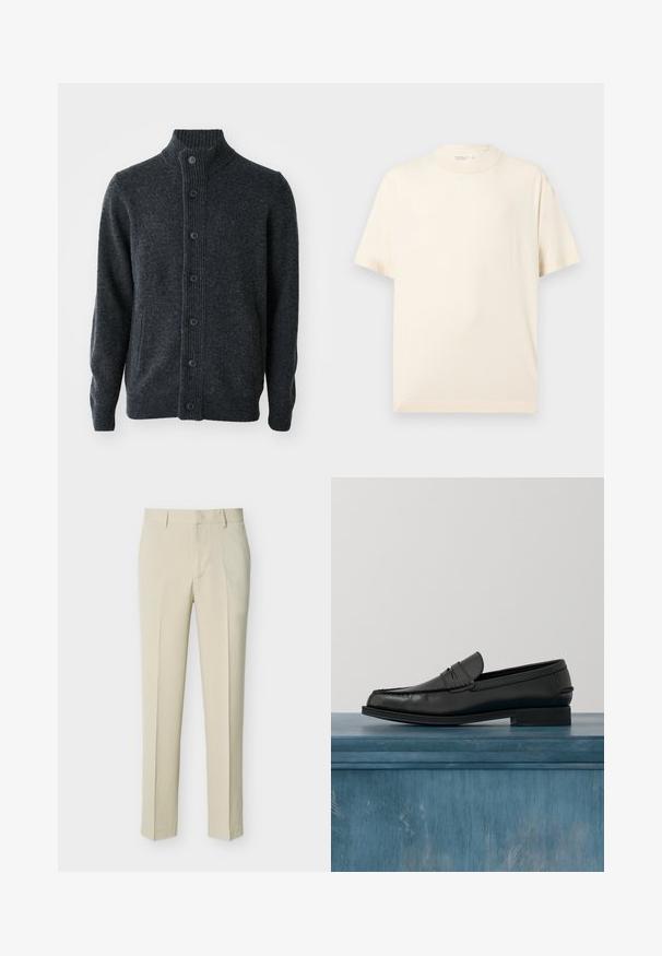 Cardigan gris foncé en tissu tricoté, présentant un col côtelé, une fermeture à boutons sur le devant et des manches longues avec des bords côtelés.; T-shirt beige uni à manches courtes avec col rond, présenté à plat sur fond gris clair.; Pantalon beige coupé droit avec passants de ceinture et fermeture éclair à l'avant, présenté sur un fond clair uni.; Mocassins noirs en cuir avec un design élégant, comportant un bout cousu et une finition lisse. La chaussure possède un talon bas et un minimum de détails.