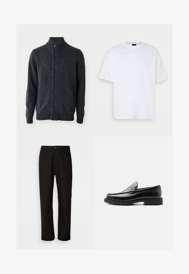 Donkergrijze cardigan van gebreide stof, met een geribbelde hals, een knoopsluiting aan de voorkant en lange mouwen met geribbelde manchetten en zoom.; Witte katoenen T-shirt met ronde hals, korte mouwen en een ontspannen pasvorm. Heeft textuur op de schoudernaden voor extra detail.; Zwarte katoenen broek met een rechte snit, riemlussen, een ritssluiting aan de voorkant en een enkele knoopsluiting. Soepele textuur zonder zichtbare patronen.; Zwarte leren loafer met dikke rubberen zool, gestikte bovenkant en gegraveerde merknaam op de hiel, zijaanzicht op witte achtergrond.