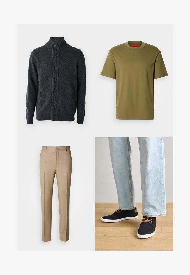 Cardigan gris foncé en tissu tricoté, présentant un col côtelé, une fermeture à boutons sur le devant et des manches longues avec des bords côtelés.; T-shirt en coton vert olive, col rond, manches courtes, logo "HUGO" en relief sur la poitrine, texture lisse, coupe régulière. Étiquette intérieure rouge.; Pantalon beige sur mesure en tissu texturé, à front plat et jambes droites. Comprend des poches latérales et des passants pour ceinture, offrant un look élégant.; Baskets en toile noires avec des accents marron, semelles en caoutchouc blanches et lacets marron, associées à un jean droit bleu clair. Fond en bois.