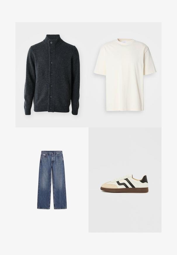 Donkergrijze cardigan van gebreide stof, met een geribbelde hals, een knoopsluiting aan de voorkant en lange mouwen met geribbelde manchetten en zoom.; Effen off-white T-shirt met korte mouwen en ronde hals, unisex ontwerp, weergegeven op een neutrale grijze achtergrond.; Blauwe rechte denim jeans met voorzakken, riemlussen en knoopsluiting, plat gelegd op een witte achtergrond.; Witte lederen sneaker met zwarte strepen en een lichtbruine suède neuskap. Rubberzool in donkerbruin. Veters en een gewatteerde kraag maken het ontwerp compleet.