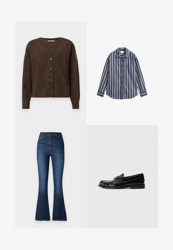 Cardigan marron tricoté avec col en V, manches longues, poignets et ourlet côtelés, doté de quatre boutons à l'avant.; Chemise à manches longues boutonnée avec rayures verticales bleu marine et blanc, poche poitrine et col classique, étendue à plat sur un fond blanc.; Jean en denim bleu foncé taille haute avec un léger délavage, design à cinq poches et jambes évasées, présenté sur un fond blanc uni.; Mocassins en cuir noir avec un bout arrondi, des coutures décoratives et un petit accent doré sur le dessus. Semelle en caoutchouc plate, design épuré.