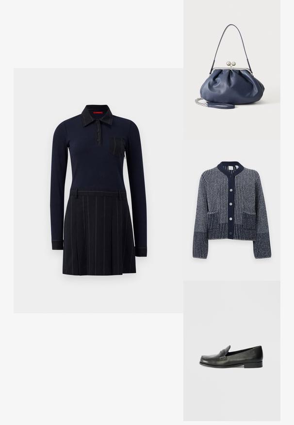 Cardigan en tricot bleu marine avec un motif rayé texturé, doté d'un col rond, d'une fermeture à boutons et de deux poches avant.; Robe polo marine à manches longues, texture côtelée, fermeture à boutons et poche sur la poitrine ; la jupe présente des rayures verticales et des plis.; Mocassins en cuir noir avec un bout arrondi, des détails de couture surélevés et un talon bas empilé. Texture lisse avec un éclat subtil.; Sac à main en cuir bleu marine doux avec fermeture à boucle argentée, une seule bandoulière, et une chaîne de poignet amovible sur fond blanc.