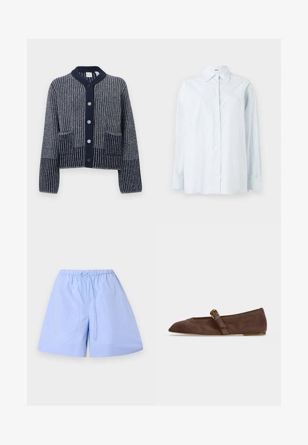 Cardigan en tricot bleu marine avec un motif rayé texturé, doté d'un col rond, d'une fermeture à boutons et de deux poches avant.; Chemise à rayures bleu clair à boutons, fabriquée dans un tissu à texture lisse ; elle possède un col classique et des manches longues avec des poignets à bouton.; Shorts en coton bleu clair avec un motif rayé, ceinture élastique et cordon de serrage ajustable. Présente une coupe décontractée et une texture lisse.; Chaussure plate en daim marron avec bout pointu et bride à boucle dorée sur le côté, vue de profil sur fond blanc.