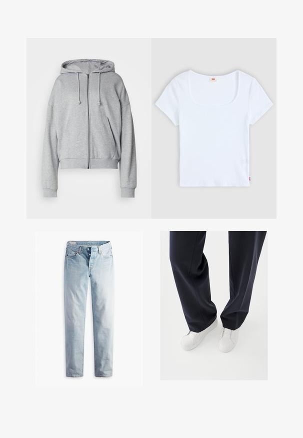 Grijze hoodie met rits, met een trekkoord kap, relaxte fit, zijzakken, ribgebreide boorden en onderrand, gemaakt van zachte, vochtafvoerende stof.; Witte korte mouwtop met een vierkante halslijn, gemaakt van ribbelstructuur stof. Heeft een klein rood logo etiket aan de onderkant aan de linkerkant.; Lichtblauwe spijkerbroek met een rechte pijp, vijf zakken en metalen knoopsluitingen op een standaard tailleband.; Witte sneakers met gestructureerde rubberen zolen en platte veters, gecombineerd met donkerblauwe broeken die een losse, soepele stof en een getailleerde pasvorm laten zien.
