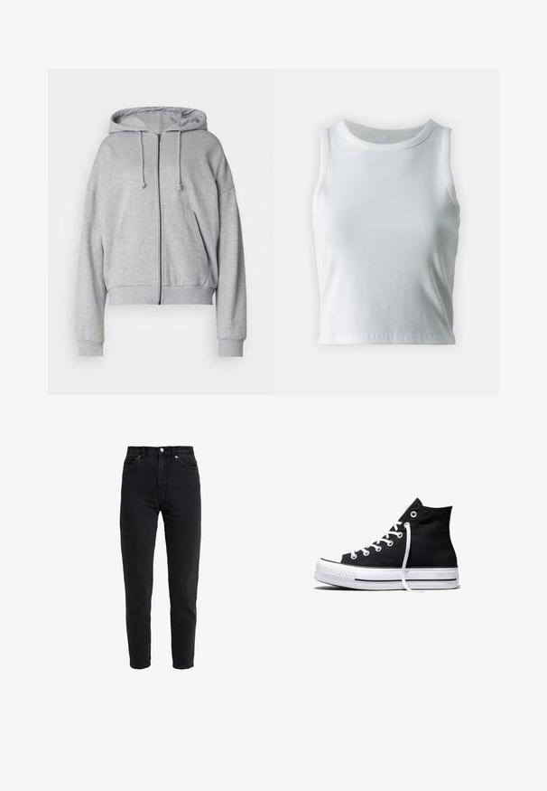 Grijze hoodie met rits, met een trekkoord kap, relaxte fit, zijzakken, ribgebreide boorden en onderrand, gemaakt van zachte, vochtafvoerende stof.; Witte geribde tanktop met een ronde halslijn en mouwloos ontwerp, voorzien van een rechte zoom en een gladde, rekbare textuur.; High-waist zwarte spijkerbroek met voorste knoop en rits, twee voorzakken en taps toelopende pijpen op een witte achtergrond.; Zwarte hooggesloten canvas sneaker met witte rubberen zool en witte veters, zijwaarts weergegeven op een witte achtergrond.