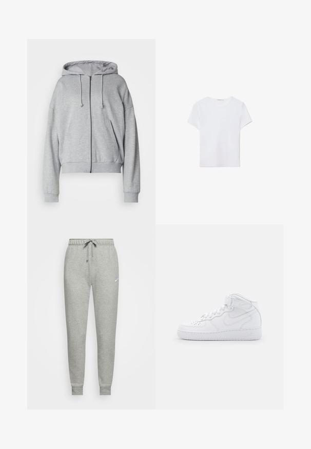 Grå zip-up hættetrøje med snor i hætten, afslappet pasform, sidelommer, ribbede manchetter og kant, lavet af blødt svedtransporterende stof.; Hvid kortærmet t-shirt lavet af blødt stof. Har en rund halsudskæring og et simpelt, rent design med en lige underkant.; Grå sweatpants lavet af blødt stof, med elastisk talje og snørebånd, ribbede manchetter og et lille logo på venstre lår.; Hvide høj-top sneakers lavet af læder med polstret krave, perforeret tå, snørebånd og justerbar ankelrem; logo på siden.
