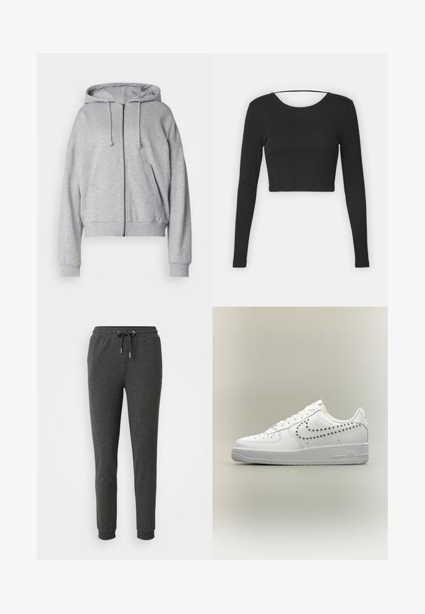 Grijze hoodie met rits, met een trekkoord kap, relaxte fit, zijzakken, ribgebreide boorden en onderrand, gemaakt van zachte, vochtafvoerende stof.; Zwarte langmouwcrop top met een ronde halslijn en een gladde stof. Heeft een eenvoudig ontwerp zonder patronen of versieringen.; Donkergrijze sweatpants van zacht materiaal, met een elastische tailleband met trekkoord, taps toelopende broekspijpen en enkelmanchetten.; Witte lage sneaker met geperforeerd Nike swoosh-ontwerp aan de zijkant, witte veters en een gestructureerde zool op een neutrale achtergrond.