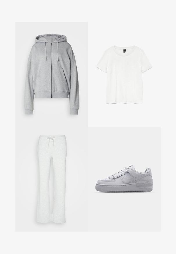 Haut de sweat à capuche zippé gris avec cordon de serrage, coupe décontractée, poches latérales, poignets et ourlet côtelés, fabriqué en tissu doux et respirant.; T-shirt blanc à manches courtes avec un col rond, fabriqué en tissu léger. Design simple, texture lisse et ourlet droit.; Pantalons de survêtement gris clair évasés avec une taille élastique et un cordon de serrage, fabriqués dans un tissu doux et texturé, présentant un design simple sans motifs ni accents.; Basket en cuir lisse gris Nike Air Force 1 avec un bout perforé, une semelle épaisse et un détail 'AIR' en relief sur le talon.