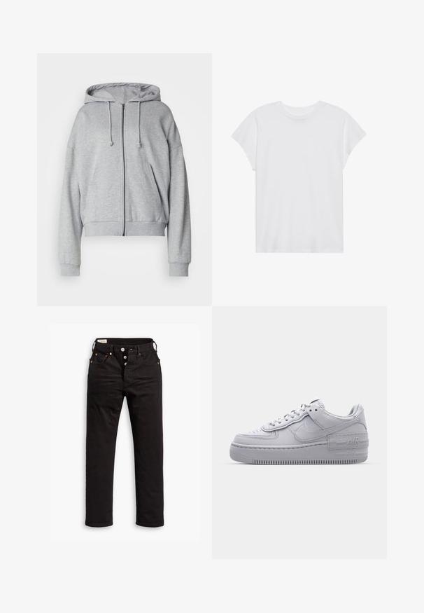 Grijze hoodie met rits, met een trekkoord kap, relaxte fit, zijzakken, ribgebreide boorden en onderrand, gemaakt van zachte, vochtafvoerende stof.; Witte t-shirt met korte mouwen, ronde hals, relaxte pasvorm, gemaakt van zacht katoen. Glad textuur, geen patronen of logo's.; Zwarte rechtlopende jeans met knoopsluiting, voor- en achterzakken, en koperen klinknagels op een witte achtergrond.; Grijze Nike Air Force 1 sneaker met geperforeerde neus, glad leren bovenwerk, dikke zool en verhoogde 'AIR' details op de hiel.