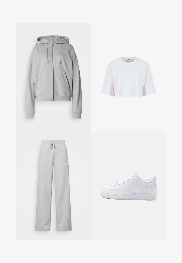 Haut de sweat à capuche zippé gris avec cordon de serrage, coupe décontractée, poches latérales, poignets et ourlet côtelés, fabriqué en tissu doux et respirant.; T-shirt blanc court en coton doux. Il présente un col rond et des manches courtes avec une coupe décontractée, sans motifs ni éléments métalliques visibles.; Pantalon de survêtement gris avec une taille élastique, un détail de cordon de serrage et un petit logo Nike blanc sur la cuisse gauche. Tissu doux, coupe ample.; Baskets basses blanches avec embout perforé, swoosh Nike et accents floraux blancs décoratifs au talon et sur le côté.