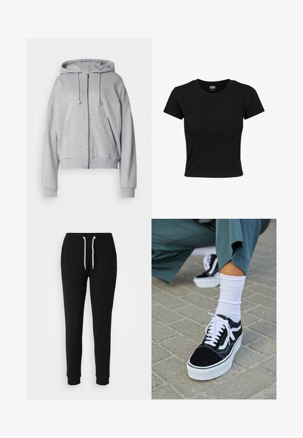 Grijze hoodie met rits, met een trekkoord kap, relaxte fit, zijzakken, ribgebreide boorden en onderrand, gemaakt van zachte, vochtafvoerende stof.; Zwarte kortekorte mouw t-shirt van gladde katoenen stof, met een ronde halslijn en een getailleerde pasvorm. Geen zichtbare patronen of accenten.; Zwarte trainingsbroek met een trekkoord in de taille, witte koordaccenten, taps toelopende pijpen en geribde manchetten. Gemaakt van zachte, comfortabele stof.; Zwarte suède sneaker met witte accenten en veters, uitgerust met een dikke witte zool en contrasterende stiksels, gecombineerd met een witte sok.