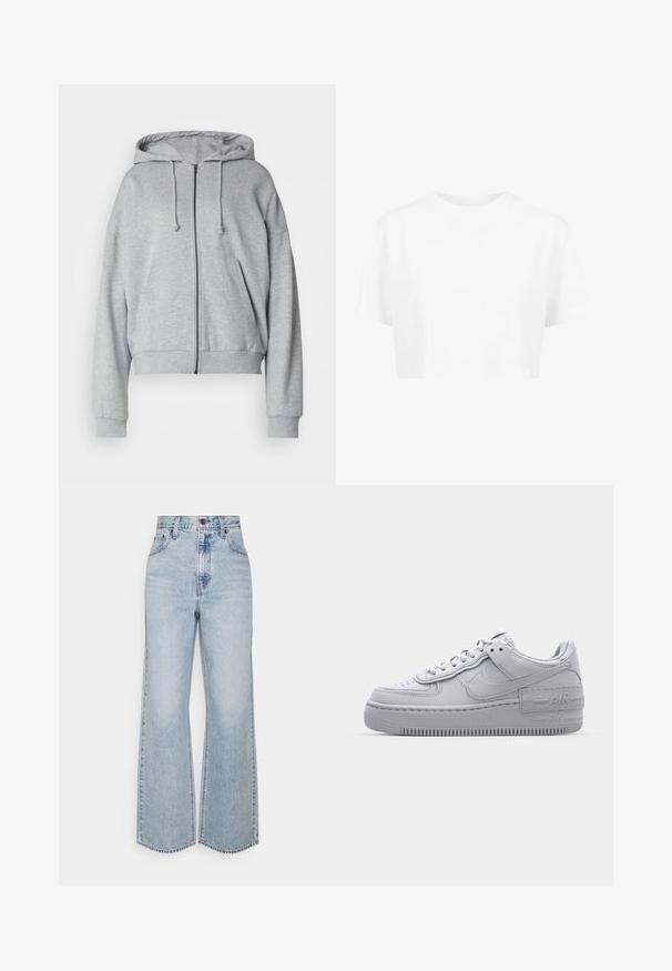 Grijze hoodie met rits, met een trekkoord kap, relaxte fit, zijzakken, ribgebreide boorden en onderrand, gemaakt van zachte, vochtafvoerende stof.; Witte cropped t-shirt, korte mouwen, ronde halslijn, gemaakt van gladde stof, zonder zichtbare patronen of opvallende hardware.; Lichtblauwe denim broek met wijde pijpen, hoge taille, klassiek vijfzakkenontwerp en contrasterende stiksels. Rauwe zoom aan de onderkant.; Grijze Nike Air Force 1 sneaker met geperforeerde neus, glad leren bovenwerk, dikke zool en verhoogde 'AIR' details op de hiel.