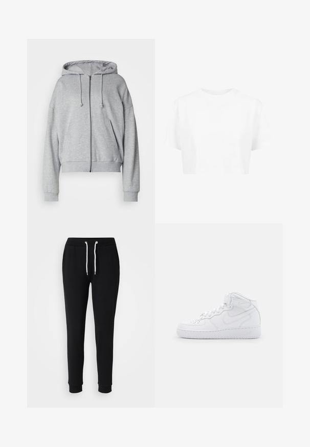 Grijze hoodie met rits, met een trekkoord kap, relaxte fit, zijzakken, ribgebreide boorden en onderrand, gemaakt van zachte, vochtafvoerende stof.; Witte cropped t-shirt, korte mouwen, ronde halslijn, gemaakt van gladde stof, zonder zichtbare patronen of opvallende hardware.; Zwarte trainingsbroek met een trekkoord in de taille, witte koordaccenten, taps toelopende pijpen en geribde manchetten. Gemaakt van zachte, comfortabele stof.; Witte hoge sneakers van leer met een gevoerde kraag, geperforeerde neus, veters en een verstelbare enkelband; logo op de zijkant.